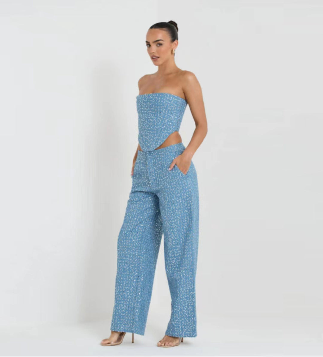 Fashion Tube Top Wide Leg Pants Suit