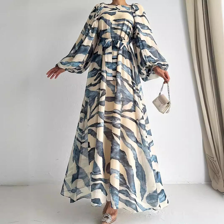 Chiffon Printed Long Fashion Elegant With Belt Dress