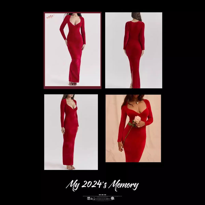 Red Plush Long-sleeved Slimming Dress