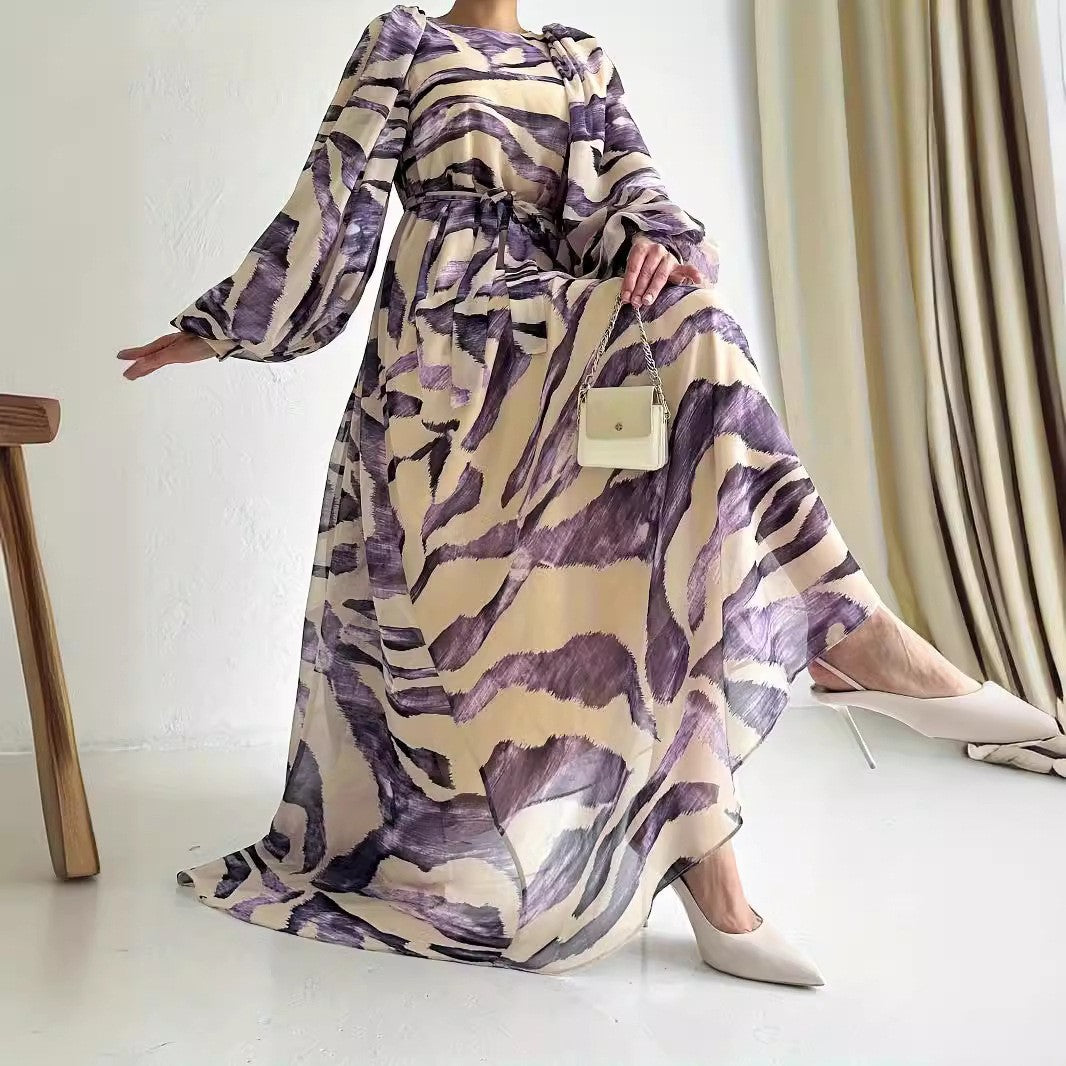 Chiffon Printed Long Fashion Elegant With Belt Dress