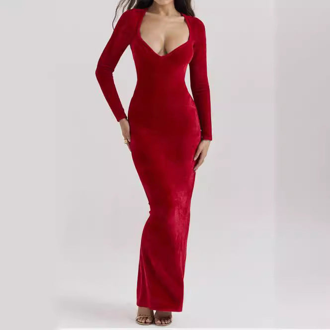 Red Plush Long-sleeved Slimming Dress