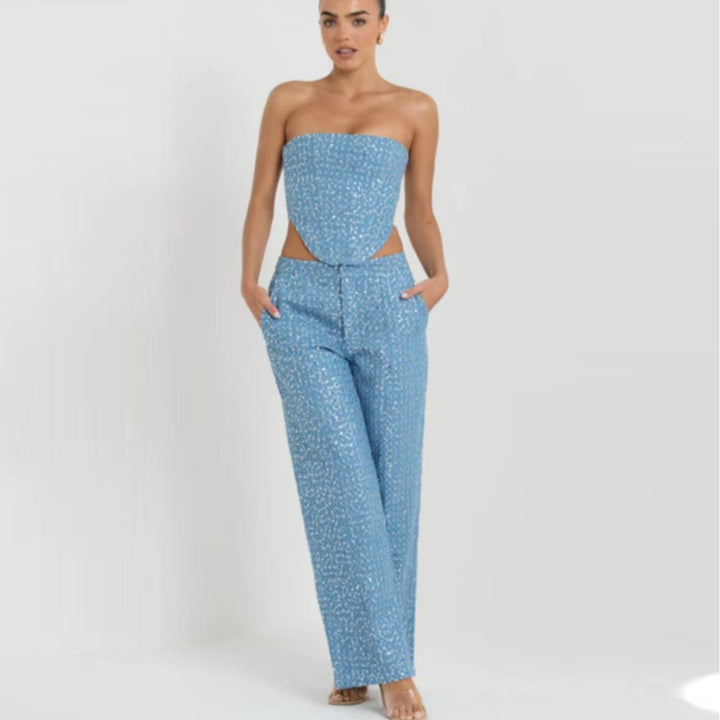 Fashion Tube Top Wide Leg Pants Suit