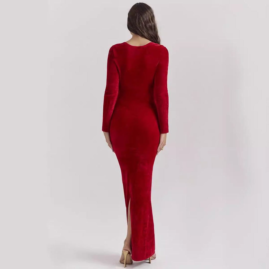 Red Plush Long-sleeved Slimming Dress