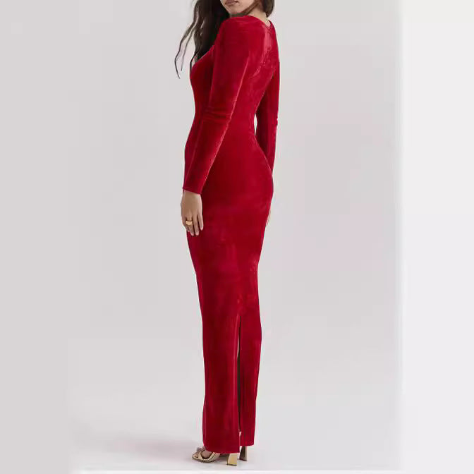 Red Plush Long-sleeved Slimming Dress