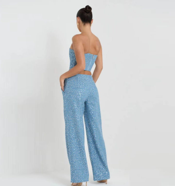 Fashion Tube Top Wide Leg Pants Suit