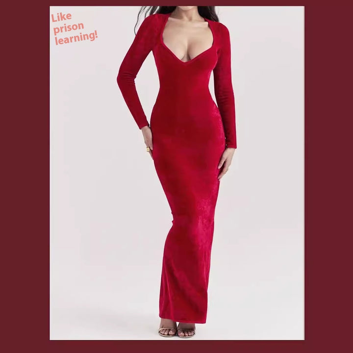 Red Plush Long-sleeved Slimming Dress